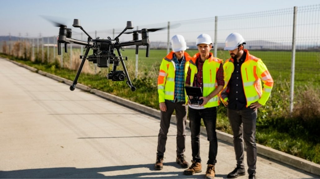 Operarios utilizando drones en la construcción